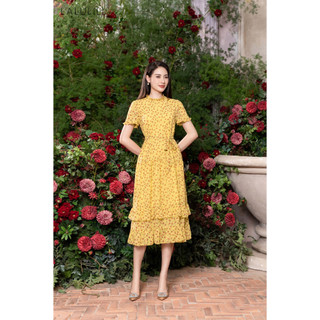 Đầm hoa nhí LALULILL dáng suống thắt đai chiffon vàng LDL2303801