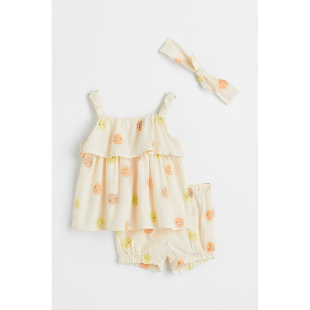 Set quần áo băng đô 3 chi tiết trắng tropical hoa nơ mặt trời HM H&M size 6m-4y_hàng chính hãng Anh