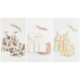 Set quần áo băng đô 3 chi tiết trắng tropical hoa nơ mặt trời HM H&M size 6m-4y_hàng chính hãng Anh