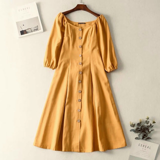 Đầm midi vàng bò nút gỗ tay lỡ (kèm hình thật)