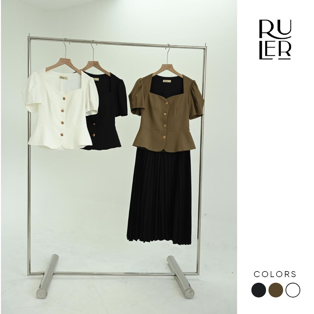 Áo cộc tay tay bồng Peplum chất vải chéo Ý THE RULER