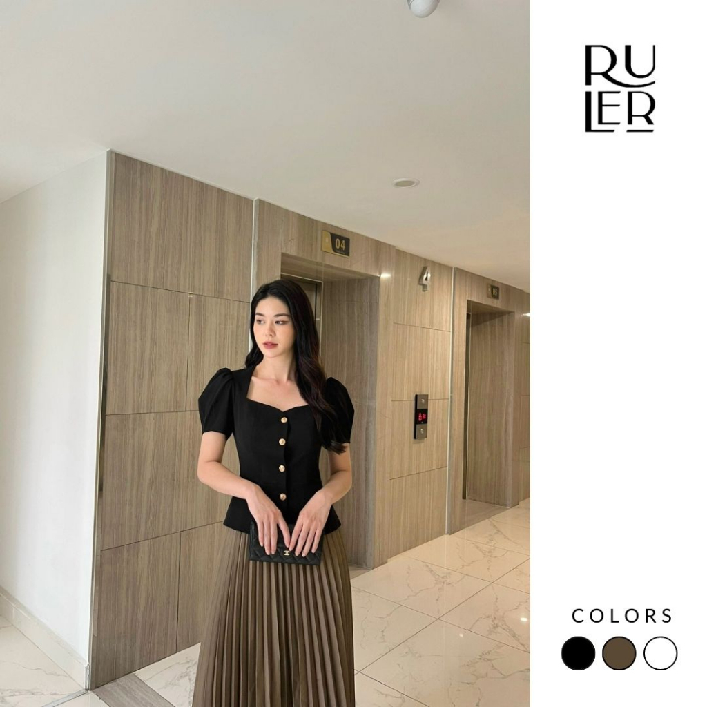 Áo cộc tay tay bồng Peplum chất vải chéo Ý THE RULER