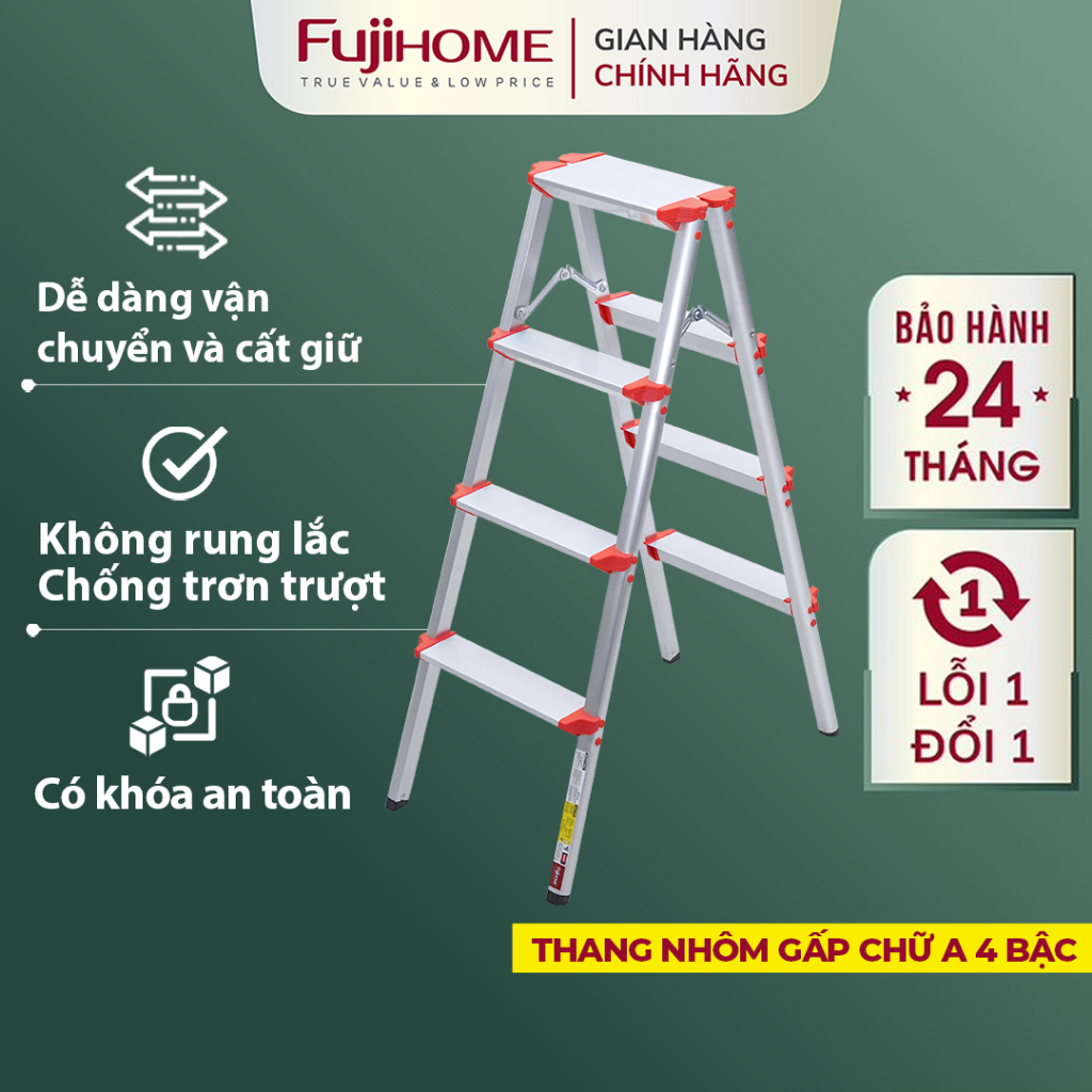 Thang ghế nhôm chữ A xếp gọn 3 bậc - 4 bậc FUJIHOME Nhập Khẩu Nhật Bản