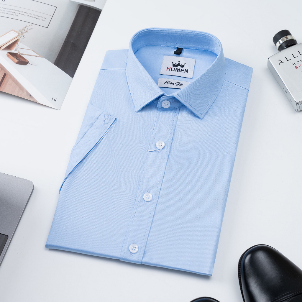 Áo sơ mi nam Humen cộc tay ngắn tay chất liệu sợi sồi mềm mại thoáng khí không nhàu chống nhăn màu xanh biển chuẩn form | BigBuy360 - bigbuy360.vn