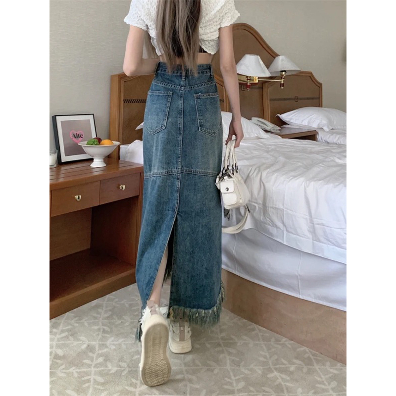Chân váy jeans dáng dài qua gối tua rua dành cho nữ có bigsize phong cách Hàn Quốc by Moe Order