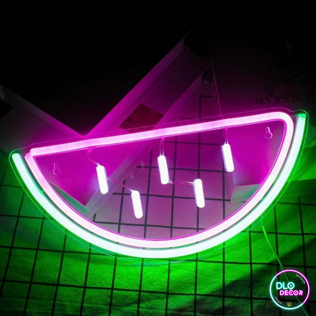 Đèn led neon quả dưa hấu DLQdecor 16 x 35 cm màu xanh lá cây và tím decor phòng ngủ