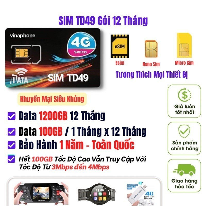 SIM 4G TỐC ĐỘ CAO TD49 TẶNG 100GB/THÁNG THẢ GA LƯƠT WEB TRUY CẬP MẠNG XEM PHIM,..