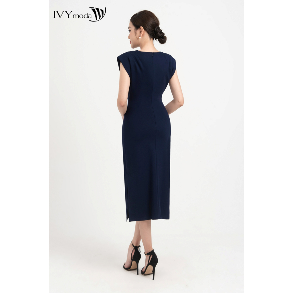 Đầm xẻ tà phối xếp ly vai nữ IVY moda MS 42M8271