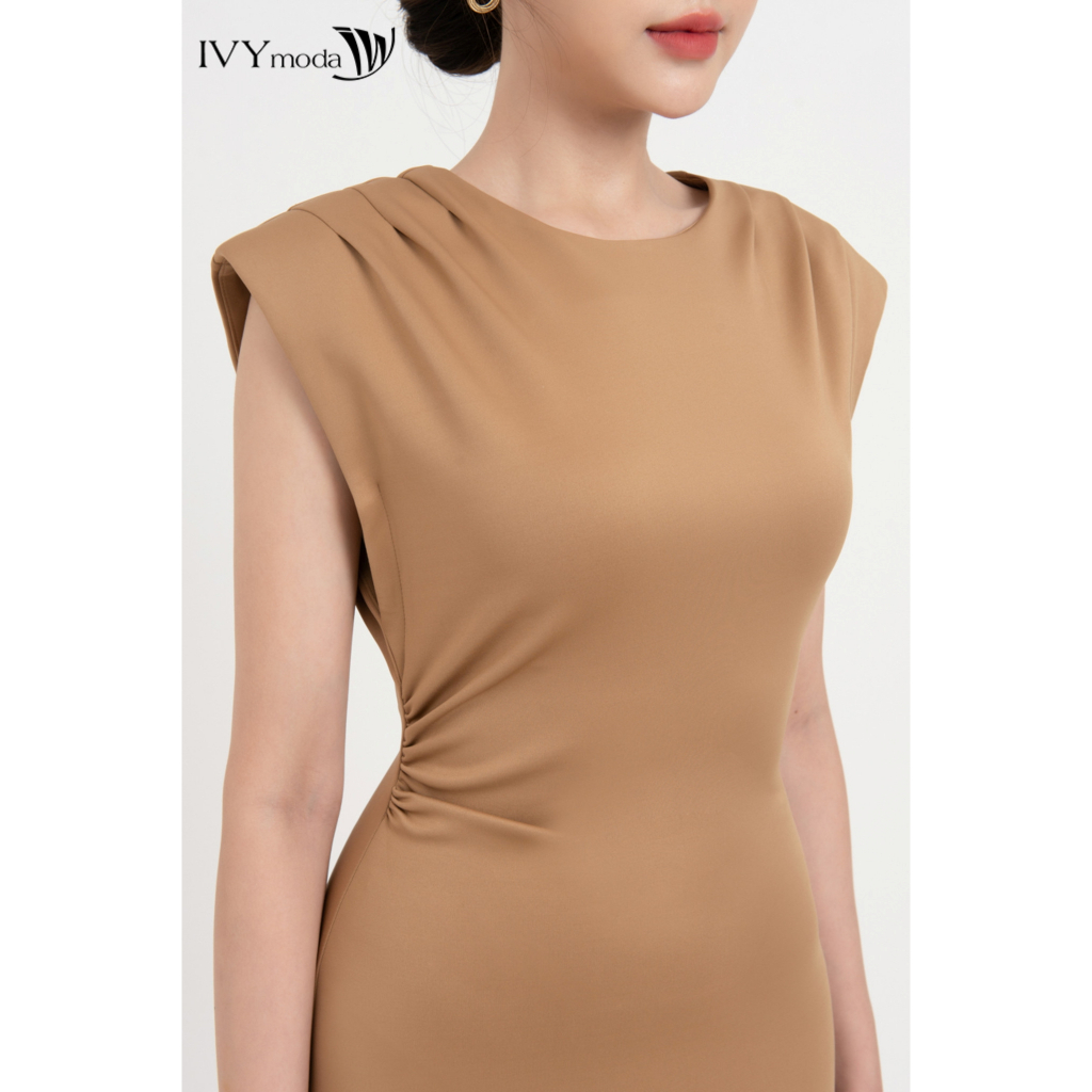 Đầm xẻ tà phối xếp ly vai nữ IVY moda MS 42M8271