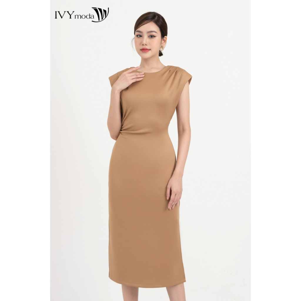 Đầm xẻ tà phối xếp ly vai nữ IVY moda MS 42M8271