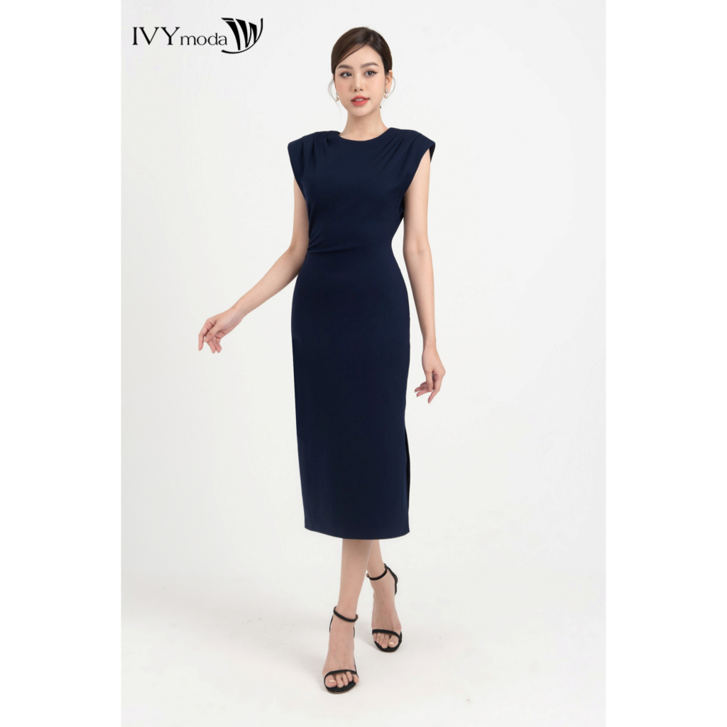 Đầm xẻ tà phối xếp ly vai nữ IVY moda MS 42M8271