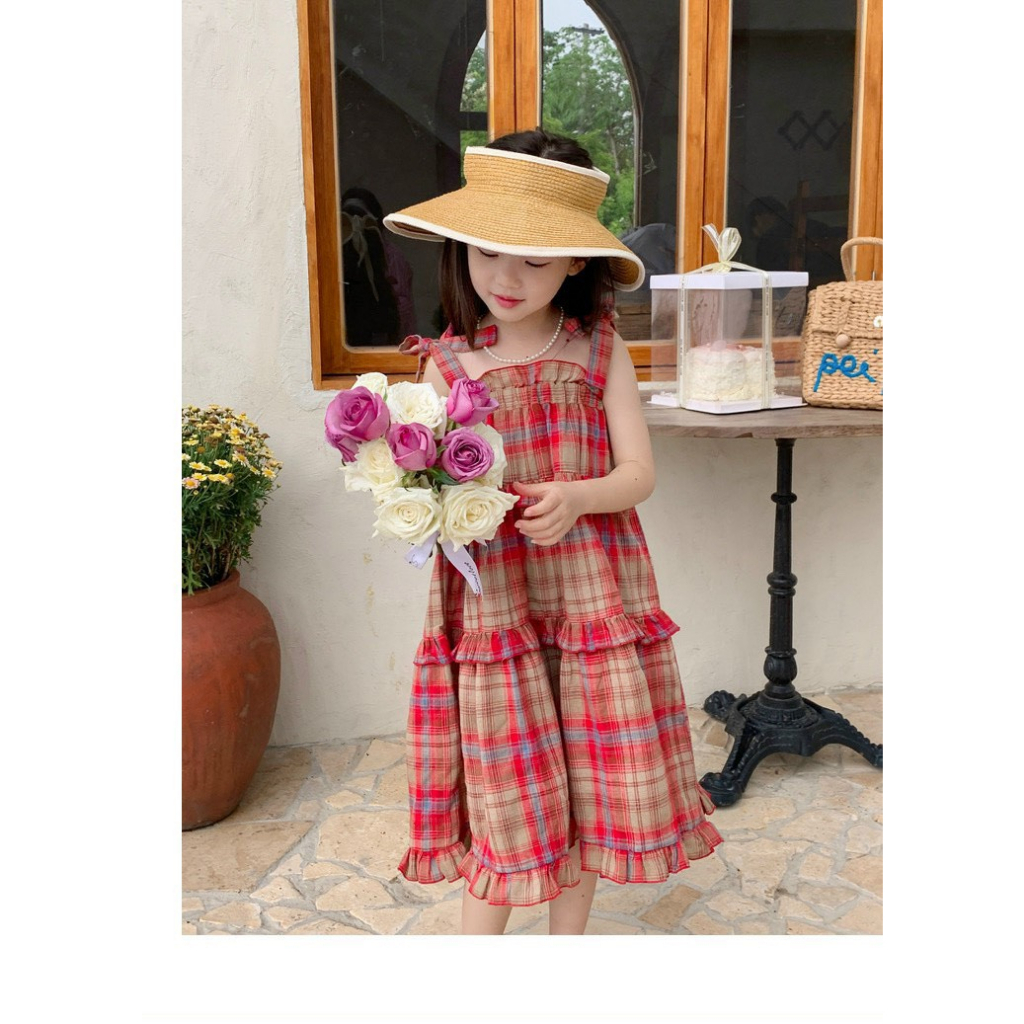 Váy maxi kẻ 2 dây buộc nơ vai dáng babydoll 3 tầng bèo siêu xinh cho bé gái