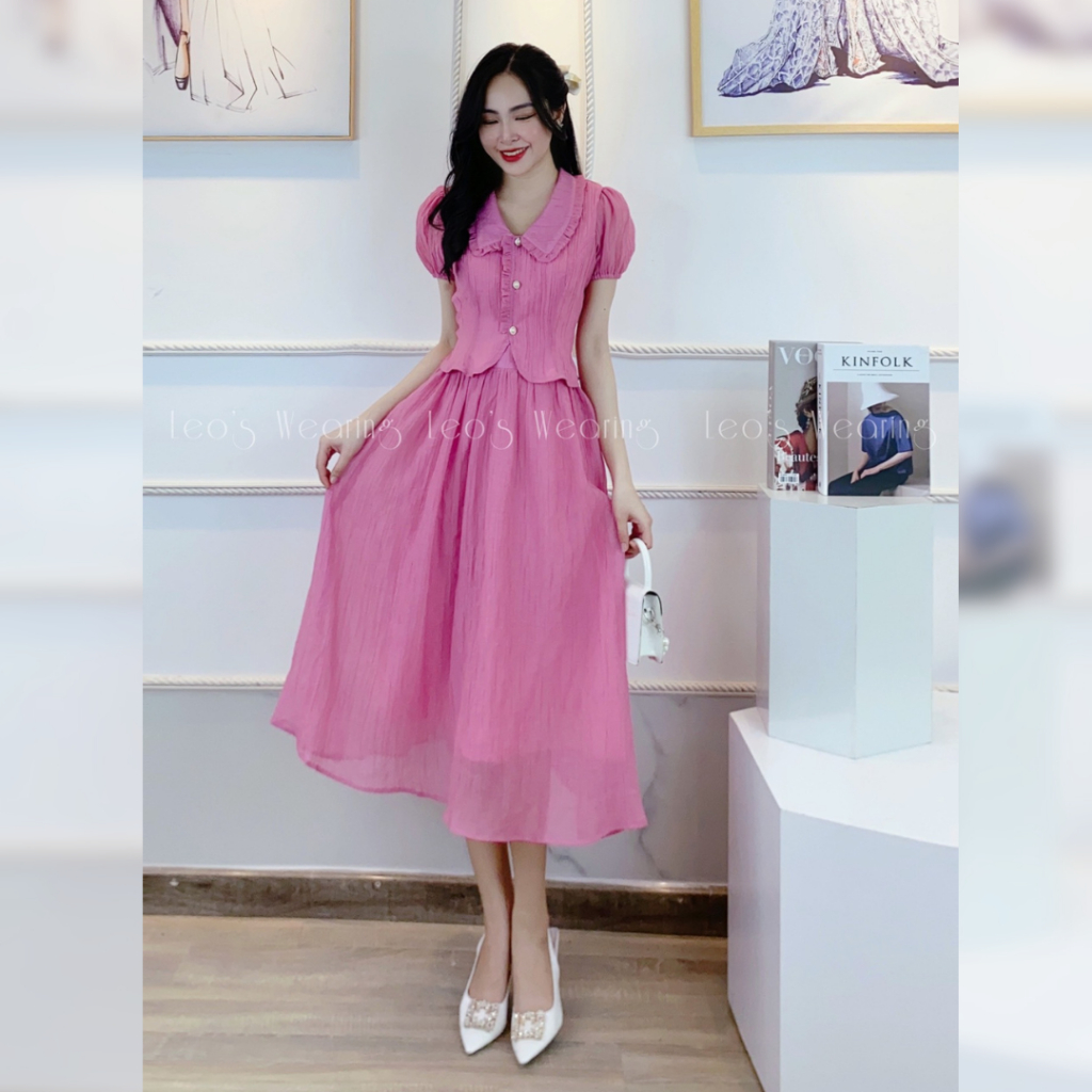 Set váy áo màu hồng sen LEOSWEARING áo peplum mix chân váy xòe 2 lớp A291