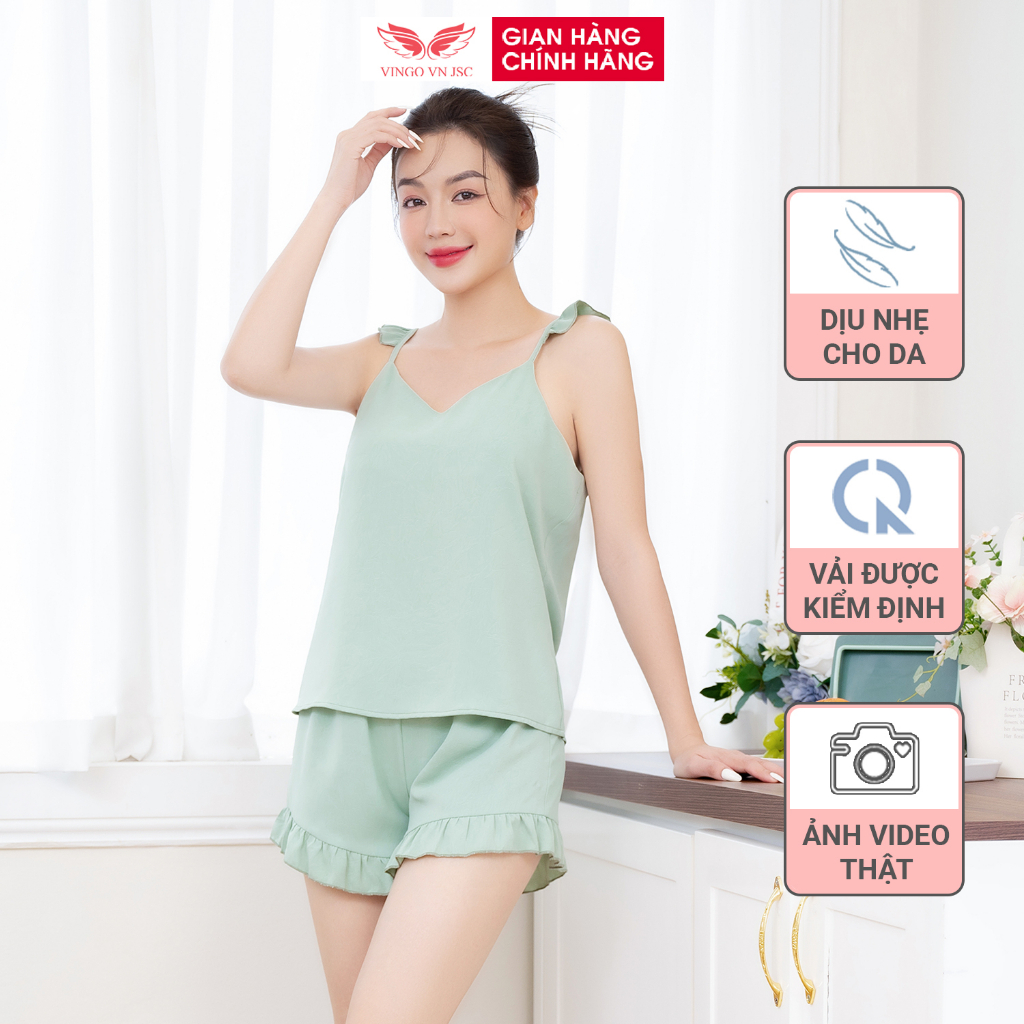 Bộ đồ ngủ nữ 2 dây pijama mặc nhà Lụa Tằm mặc mùa Hè VINGO áo hai dây cánh tiên quần đùi viền bèo dễ thương N437 VNGO