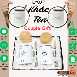 Hộp Quà CẶP ĐÔI WHITE SEA - KHẮC TÊN THEO YÊU CẦU ý nghĩa, cốc sứ giữ nhiệt CÓ NẮP THÌA dung tích 500ml, ly sứ in logo