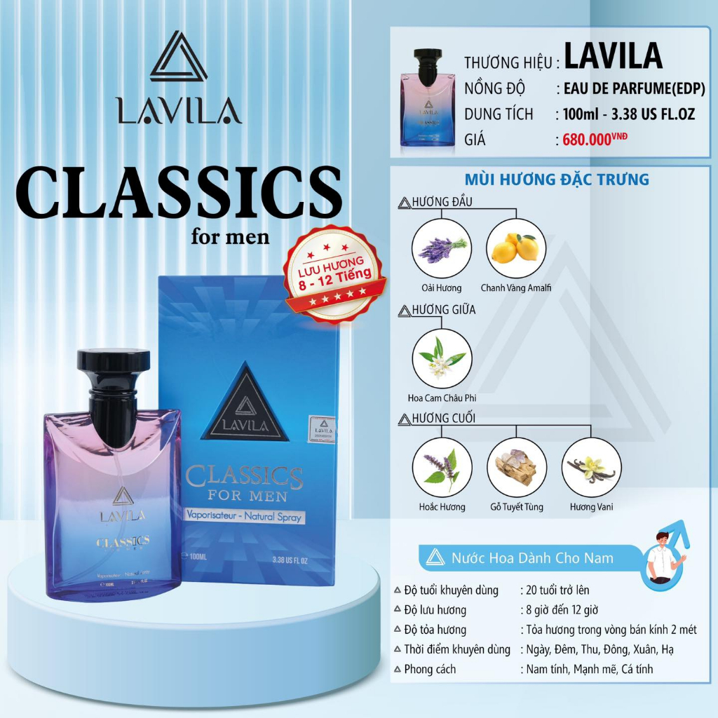 Nước hoa nam LAVILA Classics cao cấp hương thơm chuẩn pháp lưu hương 8 đến 12 giờ