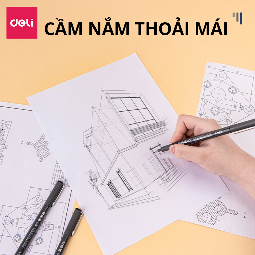 Bút kỹ thuật đi nét nhiều ngòi màu đen Deli - kháng nước - vẽ caligraphy phác thảo - bộ 3 chiếc