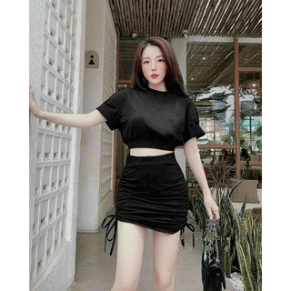 Set body áo croptop cổ tròn mix chân váy rút dây cực sexy dành cho các nàng T341  - yado