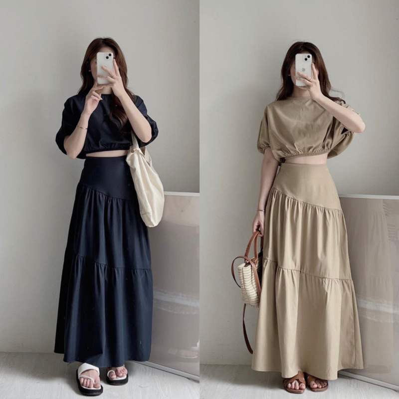 Set áo cổ tròn lưng khuy kèm chân váy dáng dài, Set áo croptop tay bồng và chân váy lưng chun Hadu House