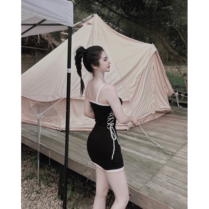 Đầm body gân 2 dây cột eo