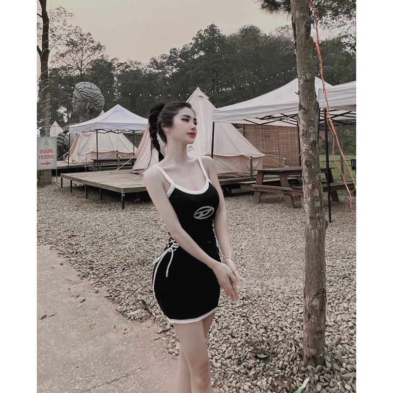 Đầm body gân 2 dây cột eo