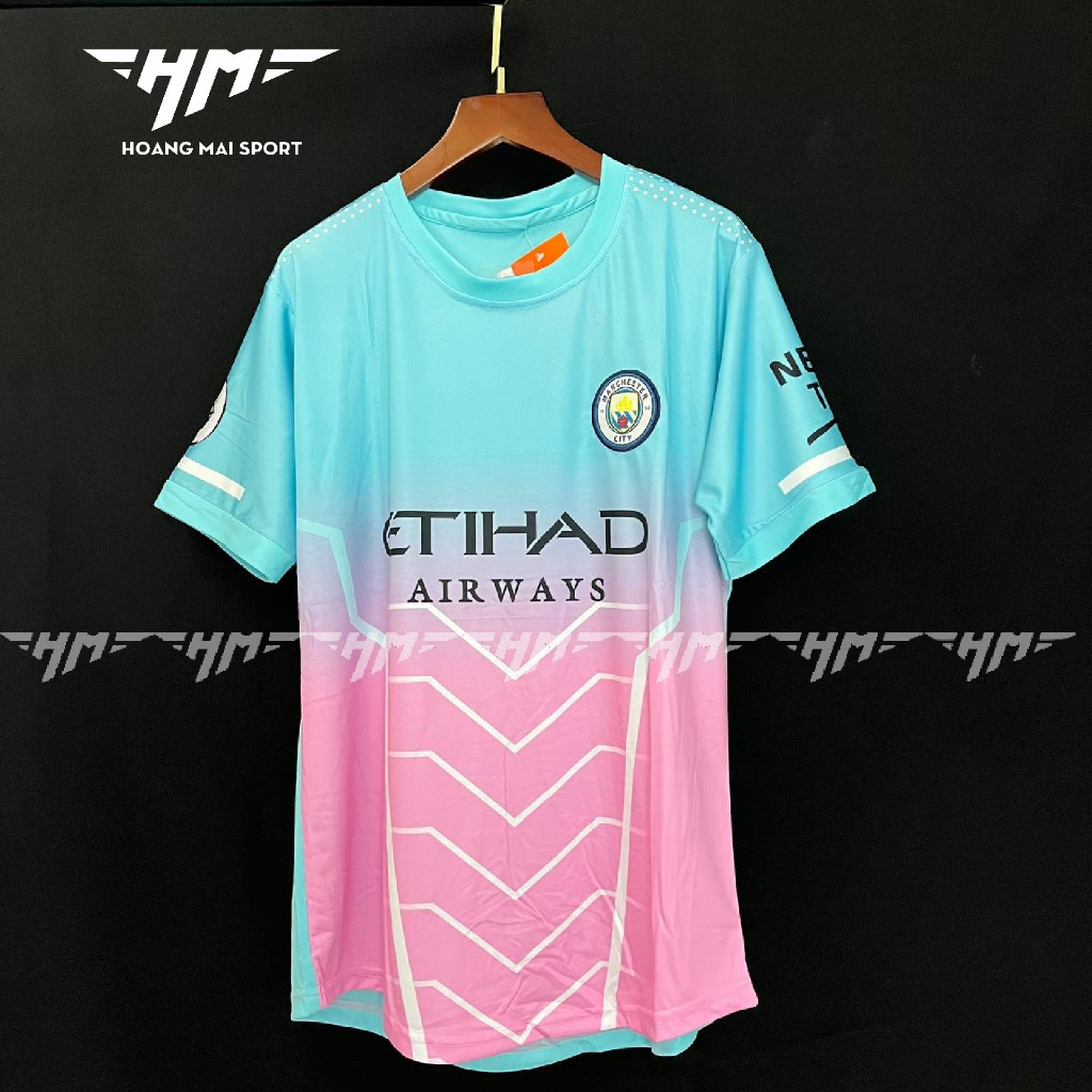 Áo đá banh CLB Manchester City, bộ quần áo đá bóng mancity xanh hồng- hàng thun thái