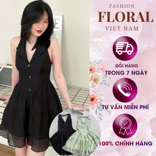 Đầm hở lưng cổ yếm FLORAL DESIGN 2 màu xanh đen jumsuit quyến rũ hở lưng cá tính đi biển dạo phố free size