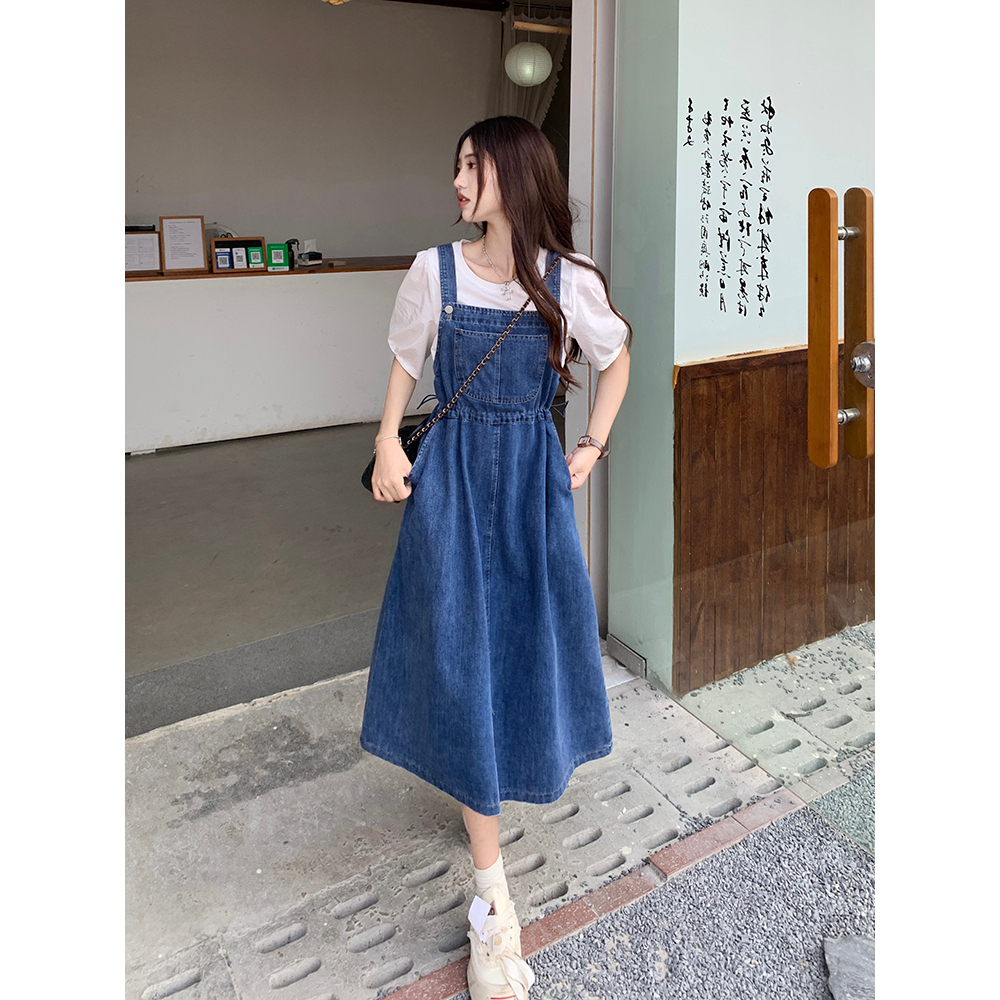 Váy yếm jean nữ siết eo phong cách tiểu thư váy bò nữ dáng chữ A chất mềm mặc đi chơi đi học thời trang hàn quốc 2023