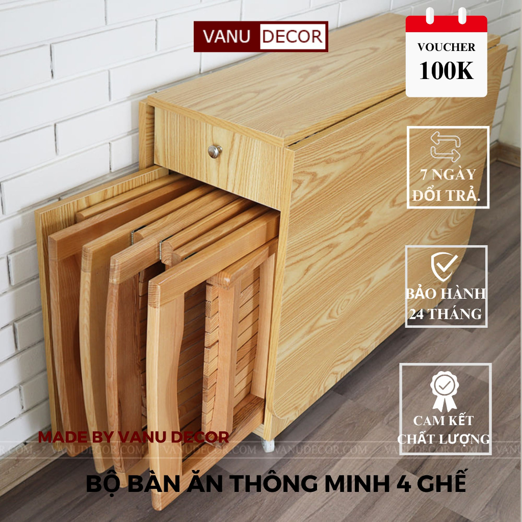 Bộ bàn ăn thông minh gấp gọn VANU DECOR có kệ để đồ, bánh xe di chuyển (kèm 4 ghế)
