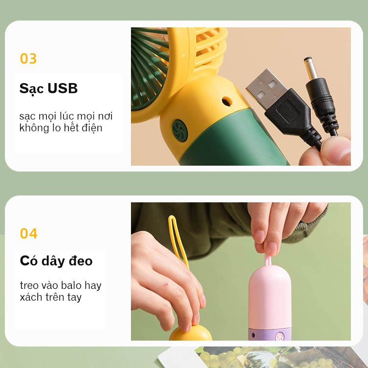 Quạt mini cầm tay bông hoa, Quạt tích điện mini sạc USB nhỏ gọn, tiện lợi