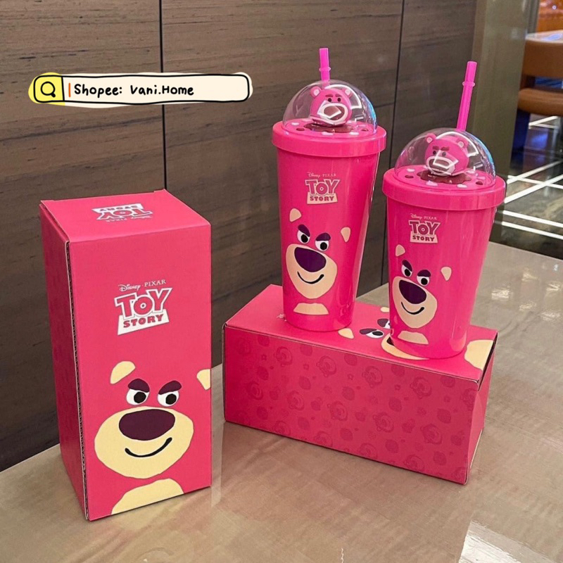 Ly gấu dâu Lotso DISNEY chính hãng phiên bản ly nhựa 500 - 750ml tặng kèm ống hút - Bình gấu hồng Losto Vani.Home