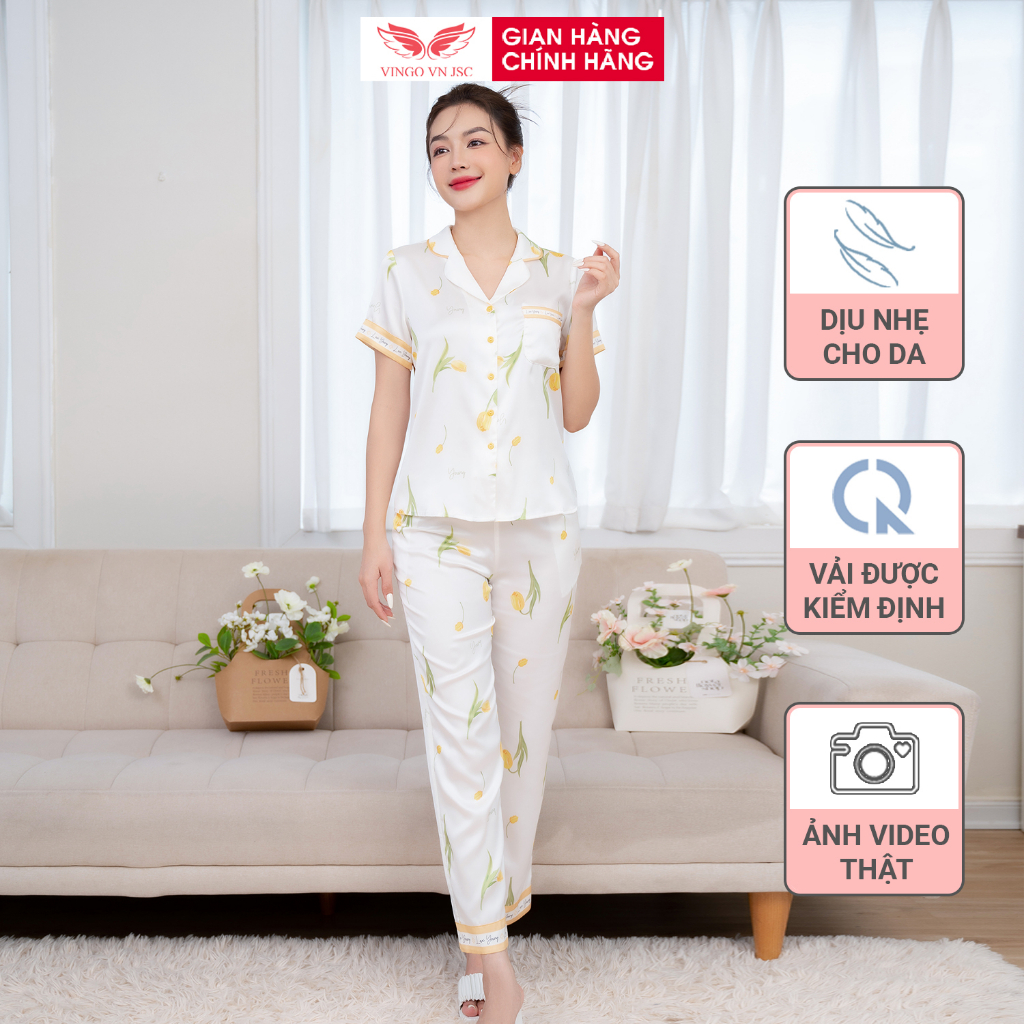 Pijama lụa đồ bộ ngủ mặc nhà cao cấp mùa Hè VINGO tay ngắn quần dài hoa Tulip vàng màu trắng thanh lịch H984 VNGO