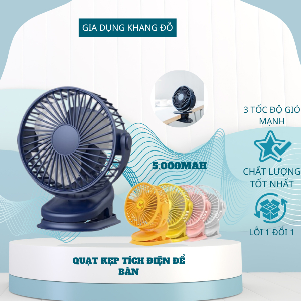 Quạt kẹp bàn,Quạt Tích Điện mini 5 Tốc Độ Gió Pin 10000 mAh Dung Lượng Lớn, Pin Khủng Sử Dung Tối Đa 48H