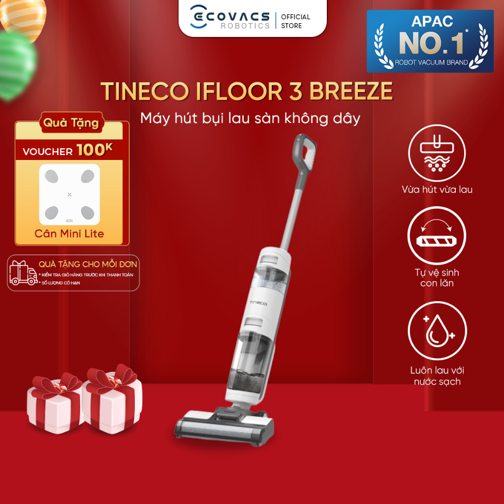 MÁY HÚT BỤI LAU SÀN KHÔ VÀ ƯỚT TINECO IFLOOR 3 BREEZE –BẢN QUỐC TẾ–Bảo hành chính hãng 24 tháng