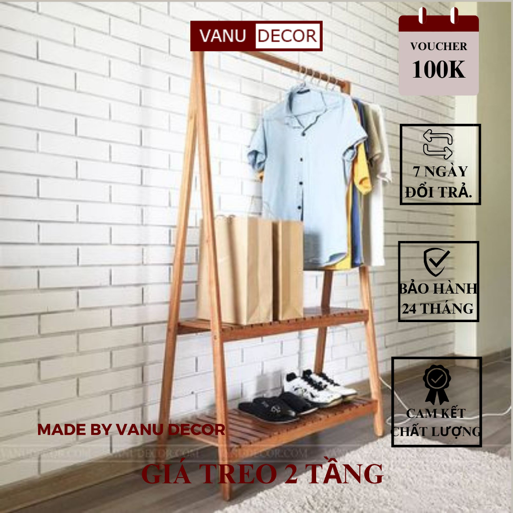Kệ Treo Quần Áo Chữ A 2 Tầng VANU DECOR Xoan- Giá Treo Quần Áo Gỗ Chống Cong Vẹo - KT 148*86*38cm