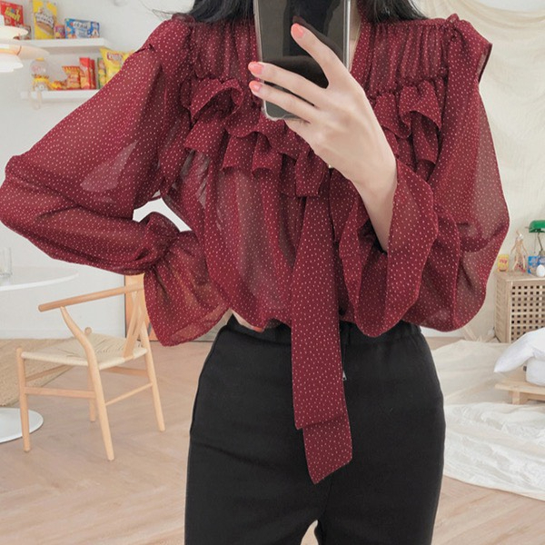 (ORDER) Áo sơ mi voan dài tay MORAN màu đỏ chấm bi, phối bèo điệu đà thắt nơ vintage Hàn Quốc