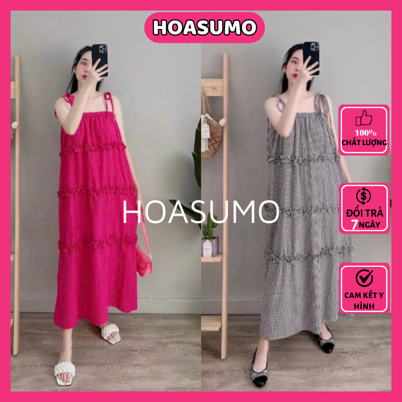 Váy xuông Kẻ 2 Dây,váy maxi đi biển Viền Bèo Đầm Hai Dây Maxi Kẻ Caro Dáng Suông Rộng Freesize mã SV770 HOASUMO
