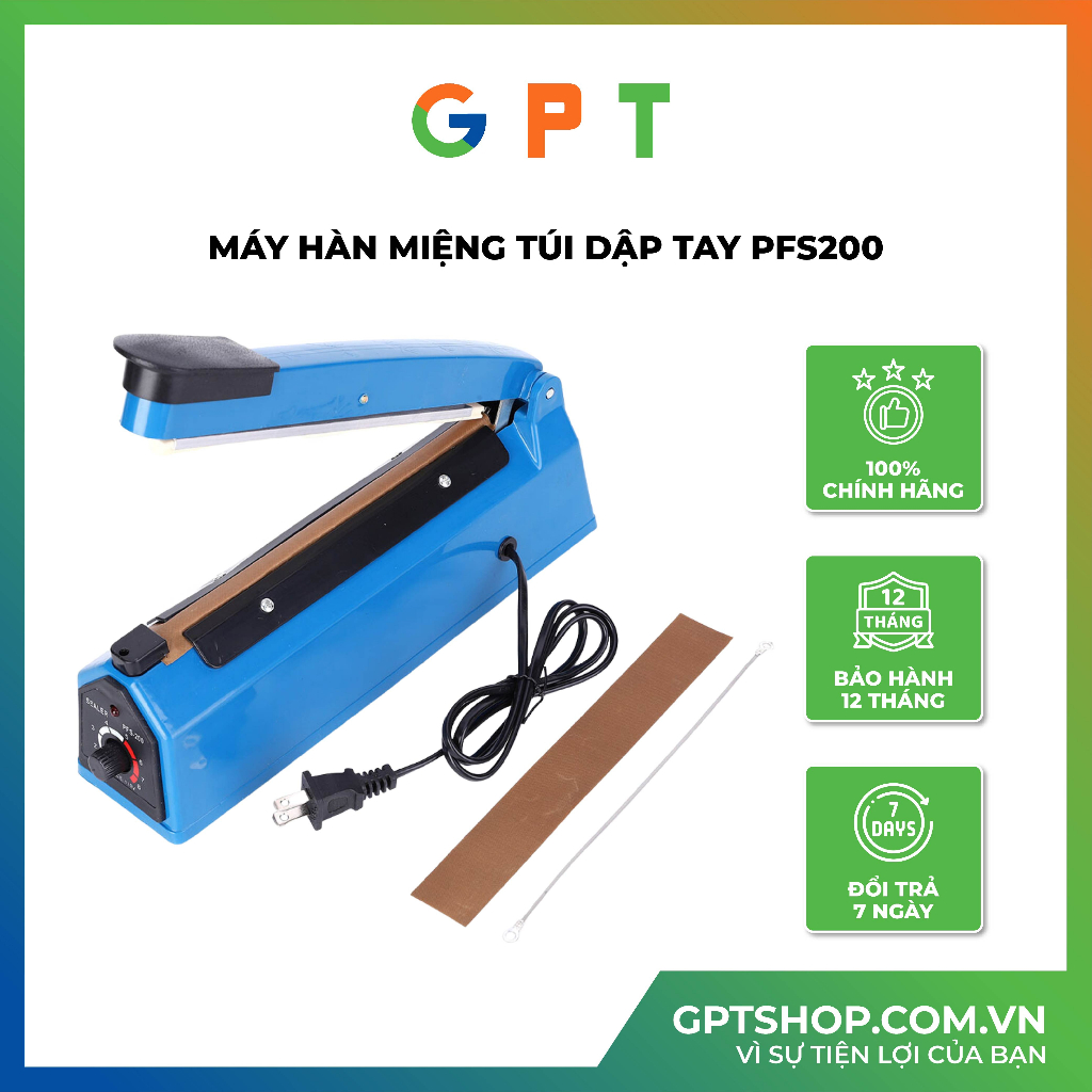 Máy Hàn Miệng Túi PFS 200 (vỏ sắt) - Máy Ép Miệng Túi Nilon Dập Tay Kích Thước 260 x 150 x 200mm - GPT Shop