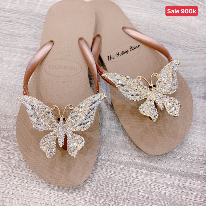 Dép HVN Nữ Slim Gold Đính Charm Bươm' Chúa Trắng