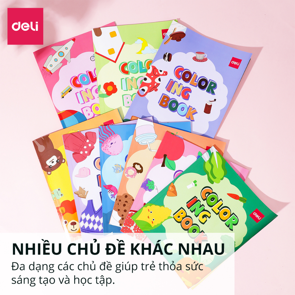 Tập vở sổ tô màu sáng tạo, vui nhộn cho bé Deli - 24 trang - 6 chủ đề tranh vẽ - Giúp bé học từ vựng tiếng anh