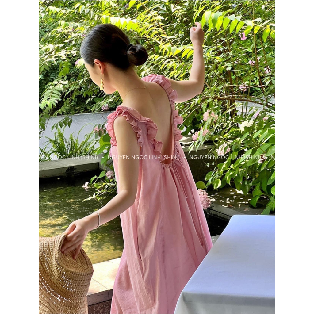 Yulli Dress - Đầm dáng dài thiết kế chất tơ 2 lớp không tay hở lưng bèo viền cổ ảnh thật cận chất ở ảnh cuối