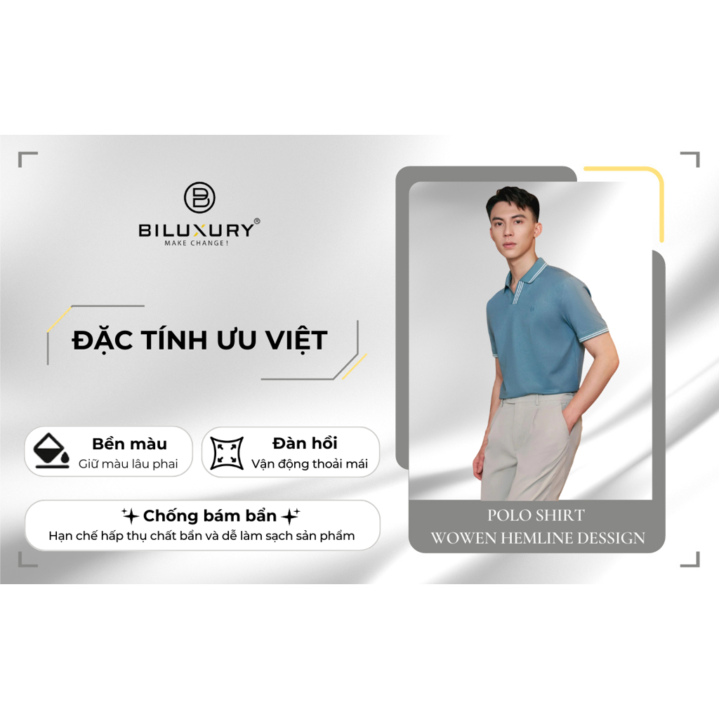 Áo polo nam Biluxury 7APCT037XAH form slimfit ôm vừa tôn dáng phối họa tiết viền 3 sọc trẻ trung năng động