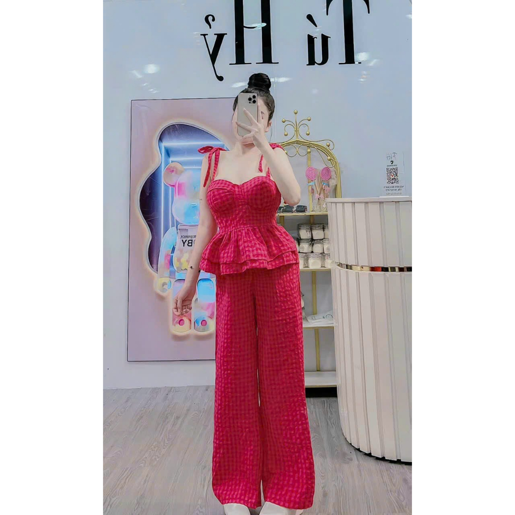 Set đồ nữ áo 2 dây caro thắt nơ vai from xòe mix quần ống suống sành điẹu, phù hợp mặc đi dạo, đi ngủ siêu xinh xắn