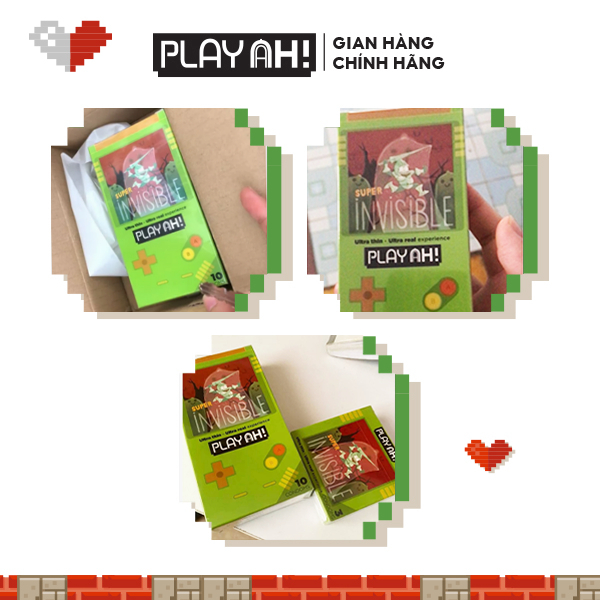 Bao Cao Su PlayAh Super Invisible Siêu Mỏng/ Nhiều Gel/ Kéo Dài Thời Gian/ Có Gai Hộp 10 size 52mm