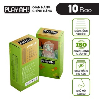 Bao Cao Su PlayAh Super Invisible Siêu Mỏng/ Nhiều Gel/ Kéo Dài Thời Gian/ Có Gai Hộp 10 size 52mm