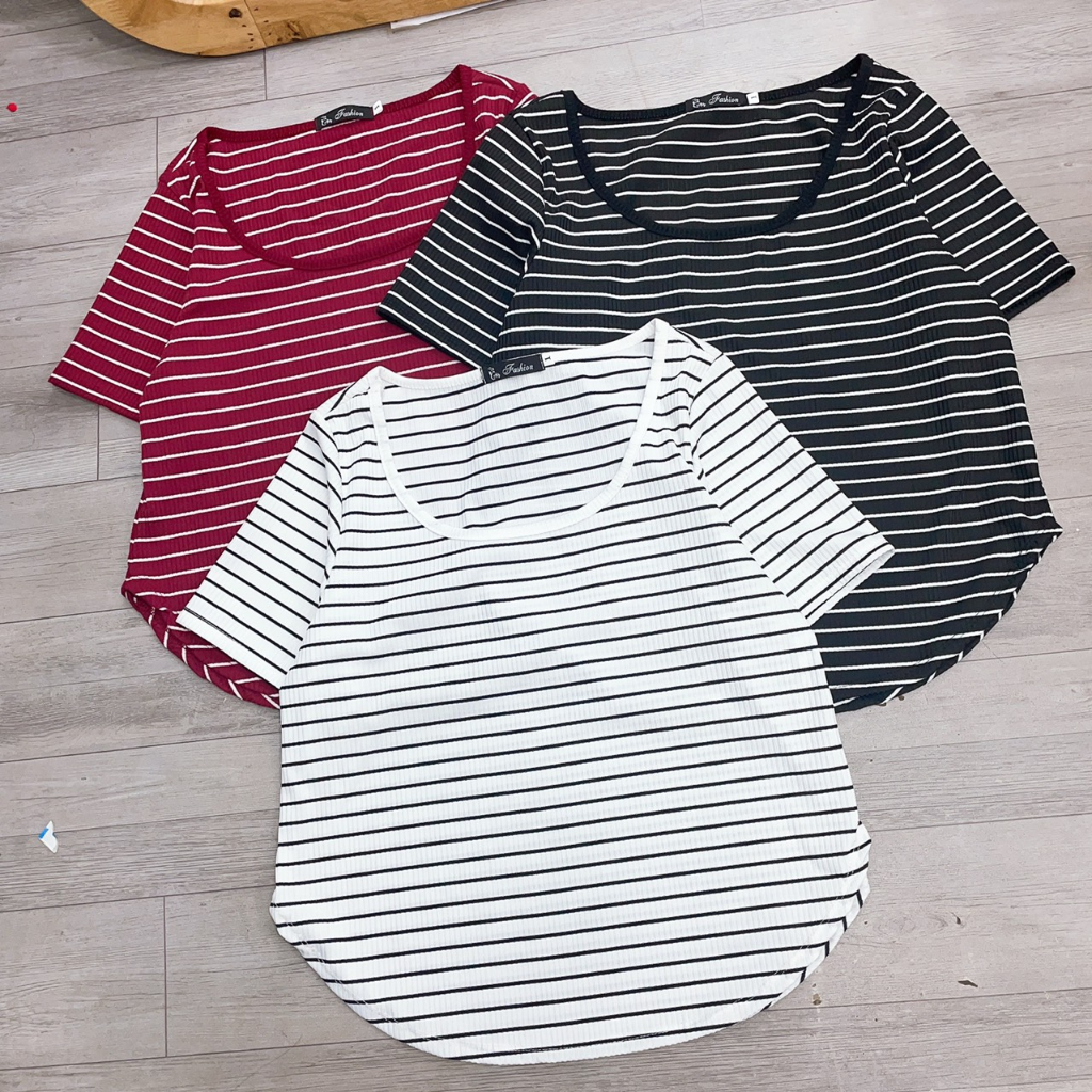 Áo thun tay ngắn bigsize nữ dáng vừa cổ tròn vạt bầu hoạt tiết sọc đen trắng đỏ tôn dáng, Áo phông big size G113