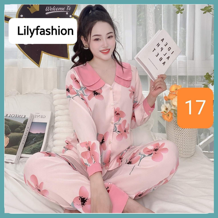 Bộ pyjama, bộ mặc nhà, đồ ngủ nữ vải lụa áo dài quần dài