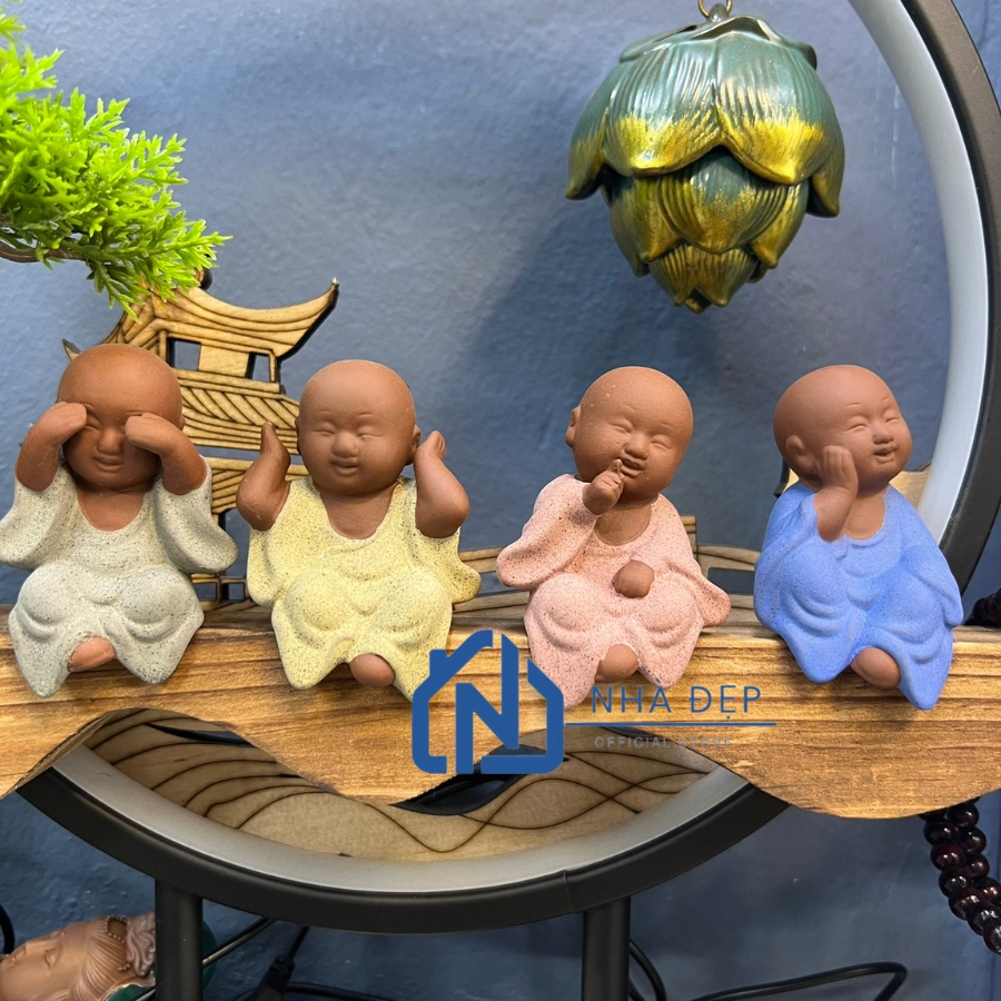 Thác Khói Trầm Hương Tượng Chú Tiểu Bốn Không Phong Thủy Kệ Gỗ Decor Đèn Led Cây Xanh Tài Lộc Để Bàn Văn Phòng Trang Trí