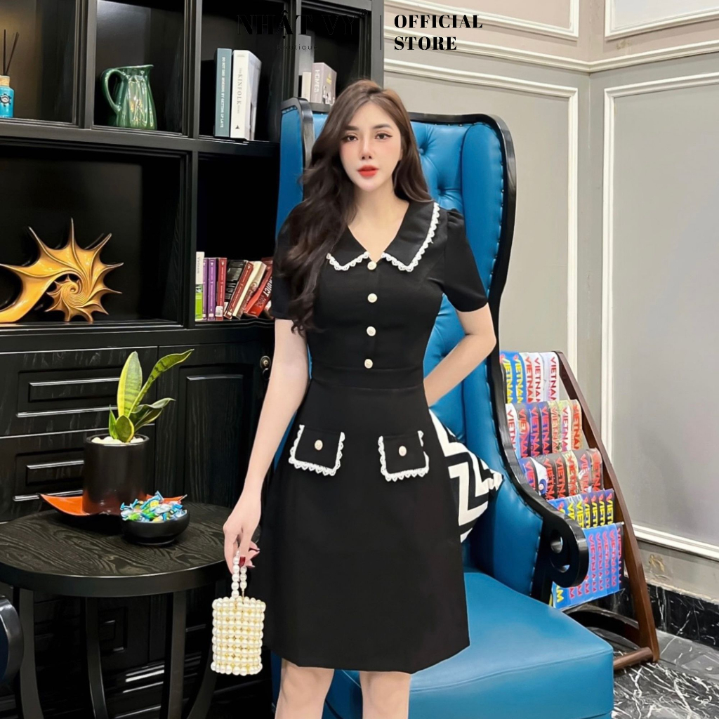 Đầm công sở Nhật Vy cổ V viền ren đính cúc bọc chất xốp rino phù hợp đi chơi dạo phố sang chảnh - D2737