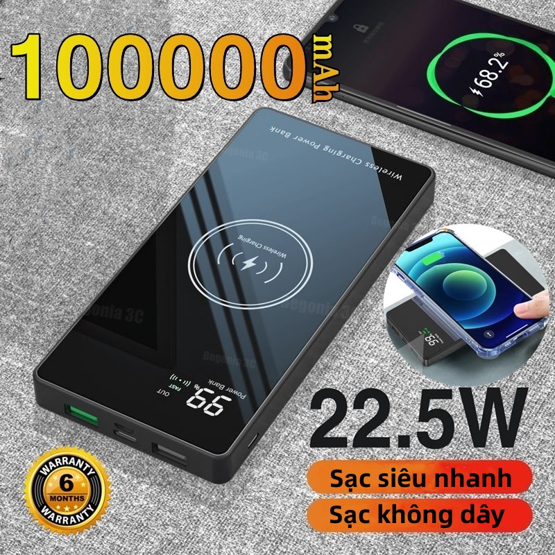 Sạc dự phòng không dây 22,5W 100000mAh Sạc siêu nhanh PD18W 22,5W Vẻ ngoài mát mẻ Di động khi đi du lịch